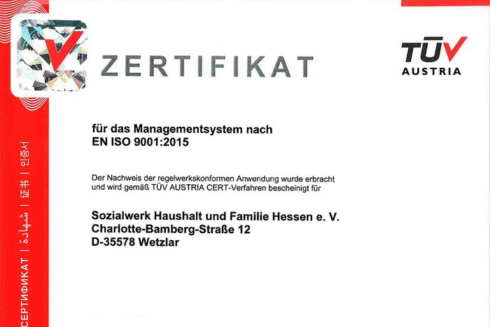 Sozialwerk Hessen ist EN ISO 9001:2015 zertifiziert